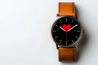Minimalist wristwatch with red heart on black dial face and brown leather strap against white background, modern romantic timepiece design for valentines.