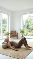 Mature woman with gray hair and light skin tone relaxing on floor cushion in bright, minimalist living room with large windows, wooden chair, potted plants, and natural daylight for wellness and lifestyle content.