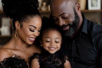 Happy African American family sharing tender moment together, mother and father with young daughter in matching black outfits, expressing joy and love.