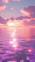 Dramatic pink and purple sunset over calm ocean waters with sunlight reflecting on gentle waves creating a magical atmosphere. Ethereal sky with fluffy clouds.
