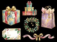Festive gift boxes, shopping bag, and holiday wreath isolated on transparent background. Ready for t-shirt designs, clipart, stickers, print-on-demand products, and sublimation projects.