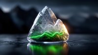 Glowing crystal fragment with green and orange energy waves floating above dark reflective surface in mystical atmosphere. Magical mineral emits supernatural light.