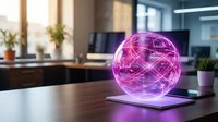 Futuristic holographic sphere with pink neon network connections floating above tablet in modern office workspace for technology and innovation concepts.
