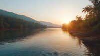 Tranquil lake at sunset with silhouettes of palm trees and mountains creating golden reflections on calm water surface. Peaceful nature landscape for wellness.