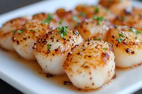 Pan-seared sea scallops with golden-brown crust garnished with fresh herbs and black pepper served on white rectangular plate, close-up view of gourmet seafood.