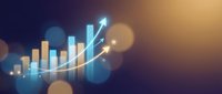 Business growth chart with upward arrow showing financial success and profit increase on bokeh background for corporate presentations.