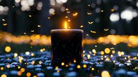 Glowing black candle with warm flame against dark background with golden bokeh lights creating magical atmosphere for spiritual practices and meditation.