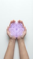 Hands holding glowing purple geometric mandala flower symbol for spiritual healing wellness meditation and energy work concepts.