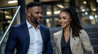 African American business professionals walking together and smiling, man in navy suit and woman in beige blazer with braided hair, expressing success and partnership.