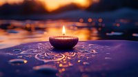 Lit candle in decorative holder with mandala pattern, glowing flame against blurred sunset background with bokeh lights, suitable for wellness and meditation content.