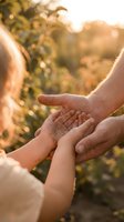 Hands of different generations connecting in warm golden sunlight outdoors, symbolizing family bonds, support and intergenerational relationships in nature.