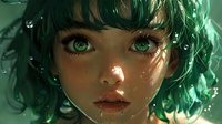 Young woman with emerald green hair and striking green eyes in ethereal fantasy portrait with glowing light effects and water droplets against dark background.