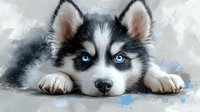 Adorable Siberian Husky puppy with striking blue eyes and black-white fur lying down, artistic watercolor style portrait against soft gray background with blue accents.