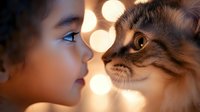 Young African American girl and fluffy cat face to face in tender moment against warm bokeh lights background, creating magical childhood atmosphere.