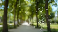 Whimsical line art overlay of girl with balloon and hearts floating on blurred green park background with tree-lined pathway creates dreamy atmosphere.