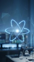 Glowing atomic structure with bright blue energy orbits floating in modern laboratory setting with geometric network connections in background.