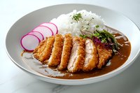 Crispy breaded pork cutlet served with steamed rice, curry sauce, fresh radish slices and microgreens on white plate against light background.