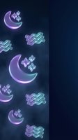 Neon glowing moons with stars and wavy aquarius symbols on dark blue background, seamless pattern for nighttime themes, astrology designs, and celestial wallpapers.