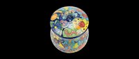 Colorful ceramic jar with lid featuring folk art floral and animal patterns, isolated on transparent background. Great for clipart, stickers, print on demand, and t-shirt design use.