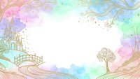 Watercolor fairy tale frame with castle, bridge and tree in pastel colors. Fantasy border design for invitations, cards and storytelling projects.