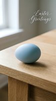 Soft blue Easter egg resting on a light oak wooden table with Easter Greetings calligraphy text, minimal spring holiday card concept.