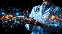 Medical professional in white coat holding digital tablet with glowing blue and orange light particles creating magical stream effect, representing healthcare technology innovation.