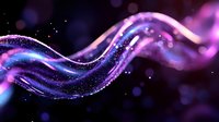 Abstract flowing wave with purple and blue neon lights, glowing particles and bokeh effects on dark background for modern digital design projects.