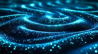 Glowing blue particles form dynamic waves against dark background, creating futuristic abstract pattern with depth and movement. Suitable for tech concepts.