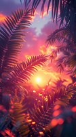 Vibrant sunset through palm fronds creating magical bokeh effect with orange and purple sky, silhouetted tropical leaves frame glowing sun in paradise setting.