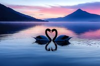Two swans forming heart shape with necks on tranquil lake at sunset, silhouetted against pink and purple sky with mountain backdrop, creating romantic reflection.