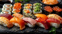 Fresh assorted sushi nigiri and rolls with salmon, tuna, caviar and seaweed on black stone plate, traditional Japanese cuisine served with garnish.