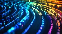 Curved rows of glowing binary code in rainbow colors creating futuristic digital pattern, abstract technology background for cybersecurity and data concepts.