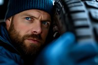 Bearded man in blue winter hat and jacket looking intensely at camera with dramatic lighting and shallow depth of field creating moody atmospheric portrait.