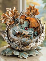 Decorative sculpture featuring turquoise tree frog with red eyes perched inside ornate sphere with autumn maple leaves and metallic accents, artistic home decor piece.