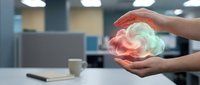 Hands protecting glowing brain hologram in modern office environment representing mental health awareness, cognitive protection and neurological care concepts.