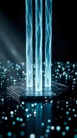 Futuristic glowing energy columns rising from a sci-fi platform, surrounded by blue bokeh particles on a dark background.