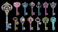 Ornate decorative keys isolated on transparent background, ready for clipart, t-shirt design, stickers, print-on-demand products, and sublimation crafts. Vintage-style key collection with jeweled crowns and ornamental handles.
