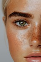 Close-up of young woman's face showing green eye, natural freckles, and glowing skin. Macro beauty portrait highlighting natural features and minimal makeup.