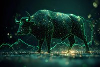 Glowing green constellation of bull shape over city nightscape with sparkles and bokeh lights creating magical celestial animal silhouette effect.