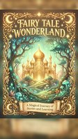 Magical fairy tale book cover with ornate golden frame featuring enchanted castle, mystical forest and glowing elements for children's literature and fantasy storytelling.
