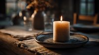 Warm glowing candle on rustic wooden table creates cozy atmospheric lighting for relaxation, meditation, spa treatments, and home decor ambiance.