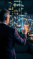 Senior businessman interacting with holographic justice scales and network connections in modern office with city lights background for legal technology concepts.