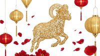 Lunar new year celebration with golden ram silhouette, red lanterns, and falling petals on white background. Festive decorative design for holiday cards, banners, and seasonal marketing materials.