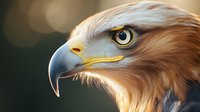 Close-up profile portrait of golden eagle head with sharp curved beak and piercing yellow eye against blurred dark background with bokeh lights.
