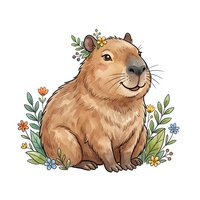 Cute capybara with floral crown surrounded by colorful wildflowers and botanical elements on white background. Isolated clipart for children's designs, nursery decor, t-shirts and stickers.