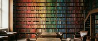 Colorful rainbow bookshelf wall with thousands of books arranged by color spectrum in elegant library interior with wooden furniture and reading chairs.