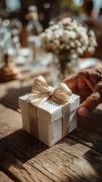 Elegantly wrapped gift box with rustic twine bow on wooden table at celebration event with floral decorations in soft bokeh background.