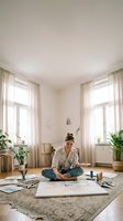 Young woman artist painting watercolor artwork sitting cross-legged on floor in bright home studio with plants and natural light streaming through windows.