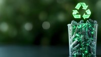 Glowing green recycling symbol above transparent waste bin filled with broken glass and debris on dark background with bokeh effect. Environmental concept.
