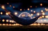 Glowing moon-shaped light resting in cozy knitted hammock against blurred bokeh lights background creates magical evening atmosphere in garden setting.